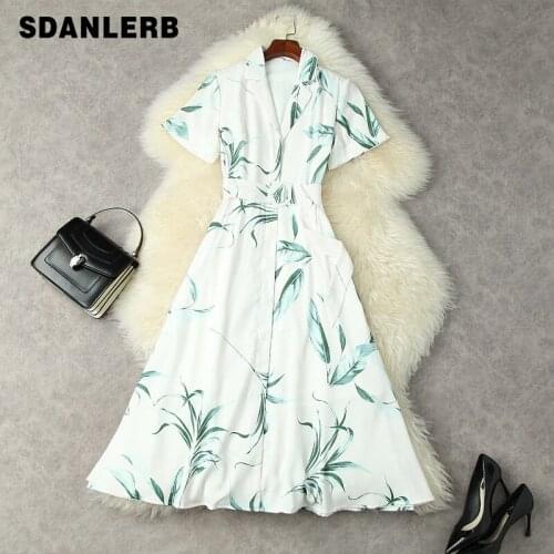 2021 Summer Womens Clothing Temperament Commute Suit Collar Dress Short Sleeve Waist Slim Single-Breasted Midi Printed Dress
