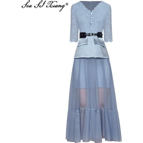 Seasixiang Fashion Designer Summer Mesh Dress Women V-Neck Lace Patchwork Sashes Midi Dresses 2021New