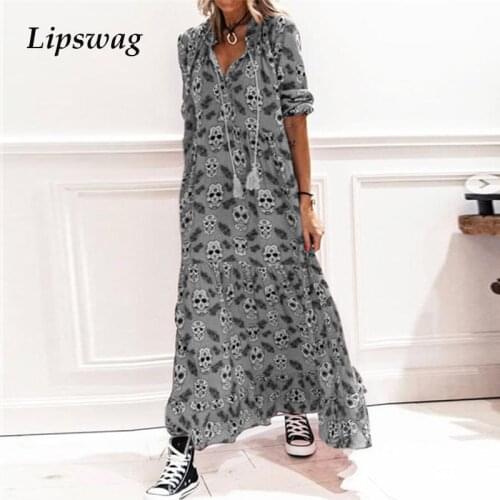 2021 Elegant Vintage V-Neck Long Sleeve Party Dress Casual Fashion Skull Print Lady Maxi Dress Spring Women Elegant Long Dress