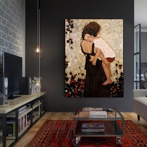 Gustav Klimt Famous Painting Mother Holding Her Sleeping Child In Front of The Flower Wall and Home Decoration Wall Art Poster