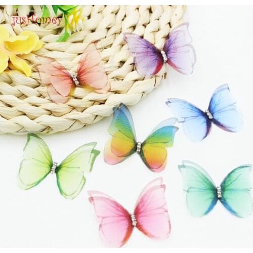 56PCS Gradient Color Organza Fabric Butterfly Appliques 48mm Translucent Chiffon Butterfly for Party Decor, Doll Embellishment