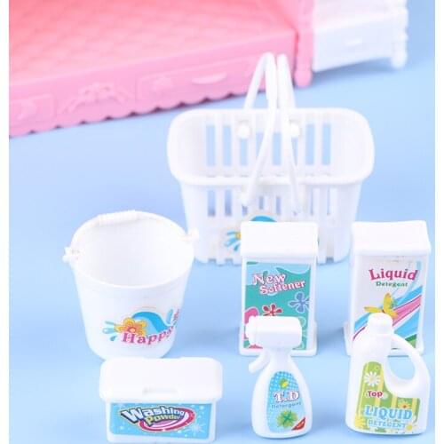 7Pcs/Set Doll Cleaning Bucket Shopping Basket Detergent Laundry Detergent Toy Pretend Play Toy