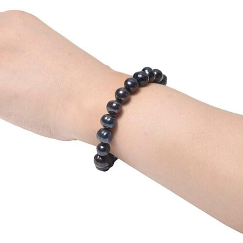Wholesale 9-10mm Freshwater Natural pearl Bracelet in All Black oval shape with Cyan luster And Atmospheric Style