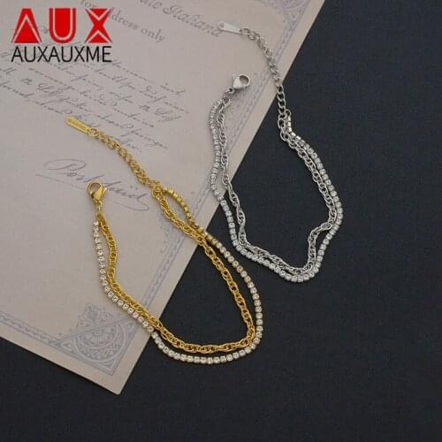 Auxauxme New Simple Charm Multilayer Crystal Bracelets Claw Drill Golden Stainless Steel Bangles for Women Jewelry Party Gifts
