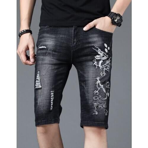 Streetwear Denim Shorts Men Fashion 2020 Ripped Black Jeans Summer Chinese Dragon Embroidery Slim Fit Straight Knee Length Pants