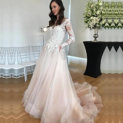 Elegant Sheer Neck Tulle Applique Lace A-line Wedding Dress Long Sleeve Pocket Sweep Train vestido de noiva princesa Bride Dress