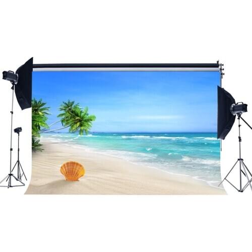 Sand Beach Backdrop Seaside Coconut Palm Shell Blue Sky White Cloud Summer Journey Ocean Sailing Romantic Background