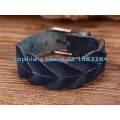 G83 Blue Delicate Leaf Texture Top Grain Cow Leather Wristband Bracelet Cuff Mens