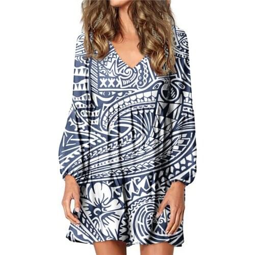Hycool Wholesale Lady Plus Size Loose Dress For Pregnant Women Polynesian Tribal Print Women Sexy V-Neck Lantern Sleeves Dresses