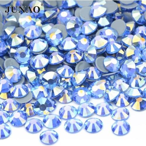 JUNAO SS6 8 10 16 20 30 Sapphire AB Hot Fix Glass Crystal Rhinestone Flatback Hot Fix Strass Iron on Crystal Stones for Clothes