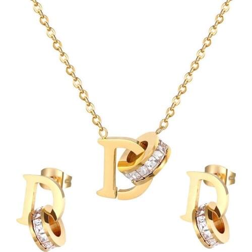316L Stainless Steel Gold Color AAA Zircon D Letter Pendant Necklace Set Fashion Titanium Steel Woman Jewelry Prevent Never Fade