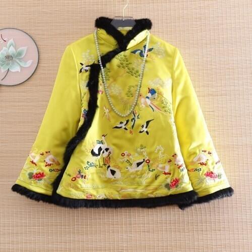 High-end Winter Women Jacket Top Chinese Style Retro Embroidery Rabbit Fur Collar Elegant Lady Warm Coat Female S-XXL
