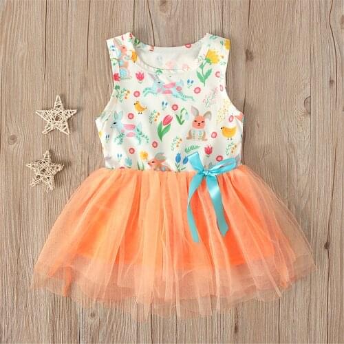 Girl’s Summer Sleeveless Dress Cute Fashion Rabbit Printing Mesh Yarn Stitching A-line Princess Dress New Style 2021
