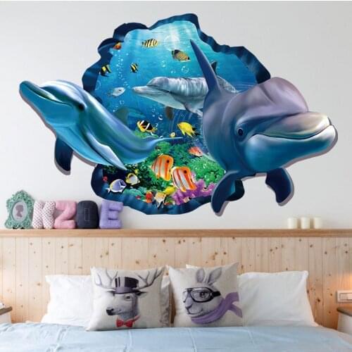 Cute Dophin Fish Under Sea Wall Sticker For Kids Room Bedroom Home Decor Cartoon Animals Mural Art Diy 3d Wall Hole Decal
