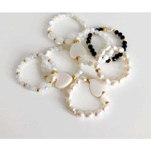 Fashion Women Pearl Ring Stainless Steel Bead Rings Leaf Star Heart Shape Ring Resizable Rings Jewlery for Women Wholesale