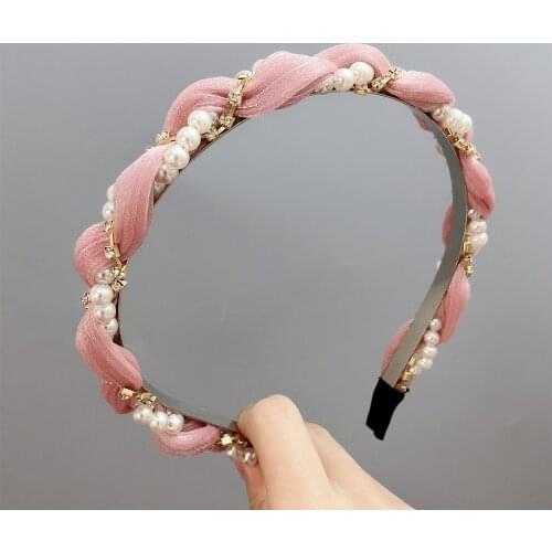 Fashion Pearls Hair Hoop Luxurious Rhinestone Headband Hairband for Women Girls Gauze Hairband Hair Accessorie Pink Dark Blue