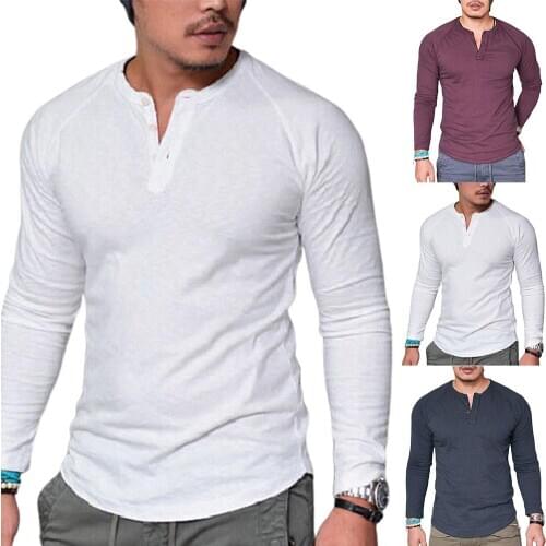 Men Casual Solid Color O Neck Long Sleeve Buttons Plus Size Slim Blouse T-shirt