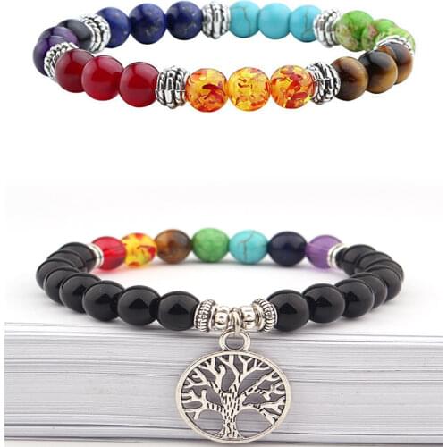 Natural stone 7 chakra energy Buddha bead bracelet tiger eye stone Lapis Beaded tree of Life Pendant colorful Bracelet For Women