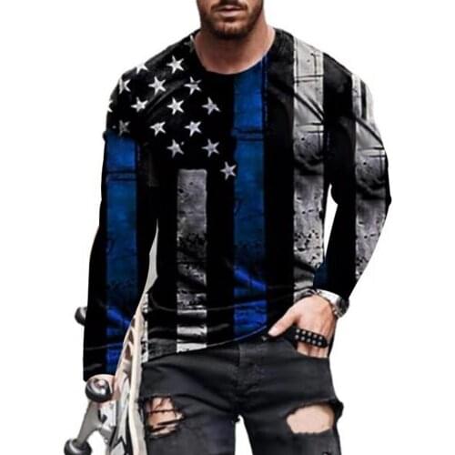Autumn Tops American Flag Print Men T-shirt Long Sleeve Skin-friendly O Neck Slim Pullover Top Male Streetwear