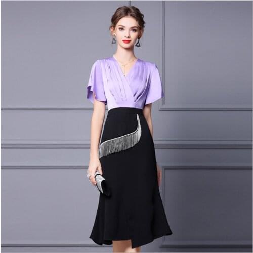 V-Neck Purple Orange Mature Business Womans Fishtail Dress Butterfly Sleeve Summer Ladies Trumpet OL Tassels Medium Long Skirts