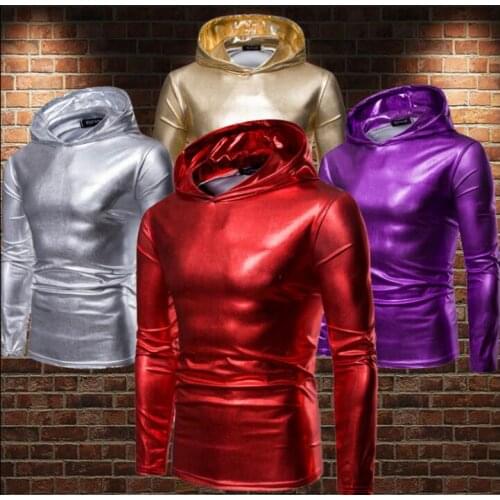 Fashion punk shirt men long sleeve shirt teenage korean Rock Metal color Glossy Hooded shirt mens personality stage singer dance