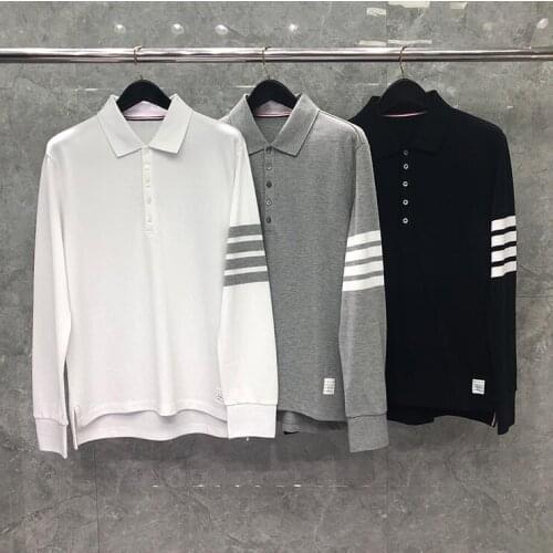 2021 Fashion TB THOM Brand Polo Shirts Men Casual Loose Striped Cotton Solid Polo Spring Autumn Long Sleeve Polo Clothing