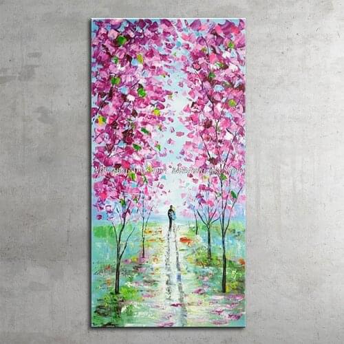 Hand Painted Knife Oil Painting On Canvas Pink Flowers Lovers Path Modern Landscape Wall Art PicturesFor Living Room Home Decor