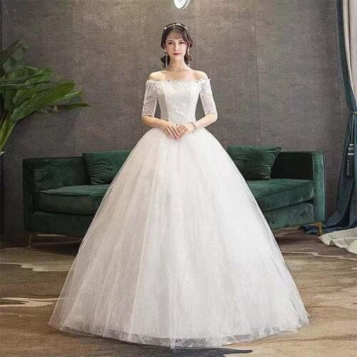 Wedding Dress Boat Neck Appliques Half Sleeves Tulle White Lace Up New Plus Size Wedding Gowns For Women Vestidos De Novia G277