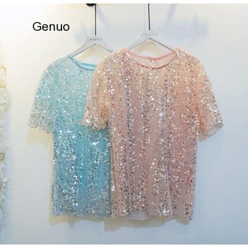 Women Shiny Short Sleeved Shirt Summer O-neck Sequined Mesh Chiffon Basic Shimmer Party Top Shirt Female