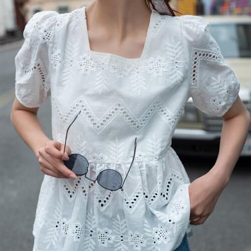 White Cotton Square Collar Women Blouse Summer Chic Hollow Out Puff Sleeve Ruffled Tops 2021 Fashion Solid Color Blouses