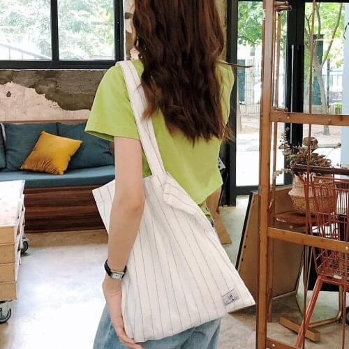 Raged Sheep Girls Striped Shoulder Bag Large Capacity cotton Student Simple Handbags Environmental Shopping Bags Ladies Tote