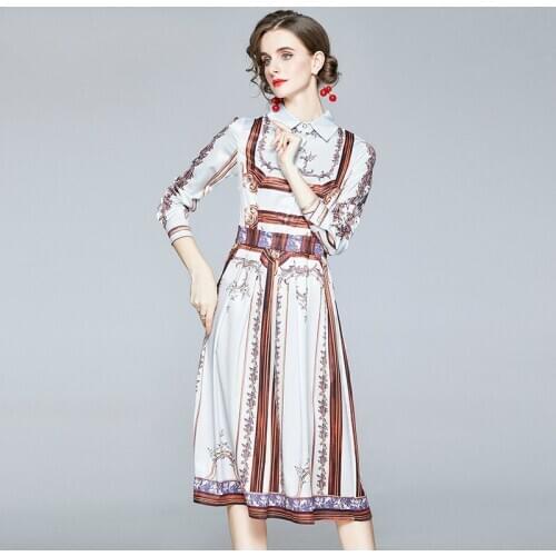 Women Autumn Vintage Print Dress Shirt High Quality Elegant Party Robe Femme Runway Designer Long Sleeve Vestidos