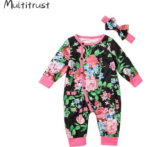 2020 Newborn Baby Girl Boy Floral Printed Romper Long Sleeve Jumpsuit Buttons Up Bodysuit with Bow Headband Outfits