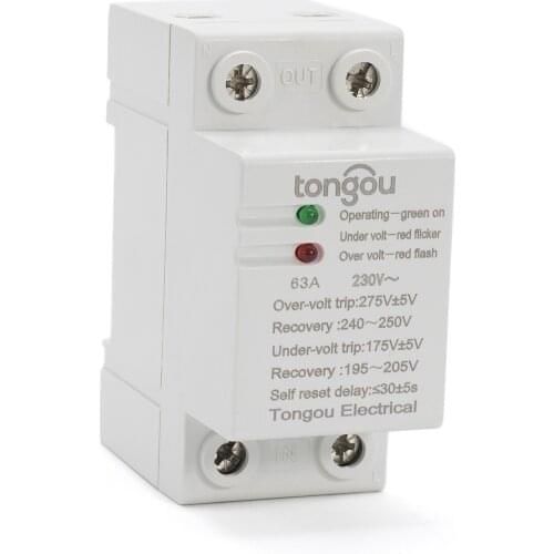 230V 63A Din rail Automatic Reconnect Over Voltage and Under Voltage Protective Device Protector Protection Relay