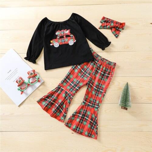 Christmas Baby Girls Casual Car Embroidery O-neck Tops Plaid Print Trousers Headband 3Pcs Childrens Clothing