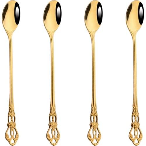 4Pcs Gold Juice Coffee Stirring Cutlery Set Colorful Teaspoon Dinnerware Ice Cream Long Handle Scoop Tableware Set Kitchen Tools