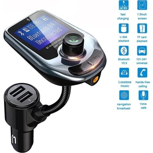 Konrisa QC3.0 Fast Charger Car Bluetooth FM Transmitter AUX Output Dual USB Port Suopprt U disk / TF Card lossless Music