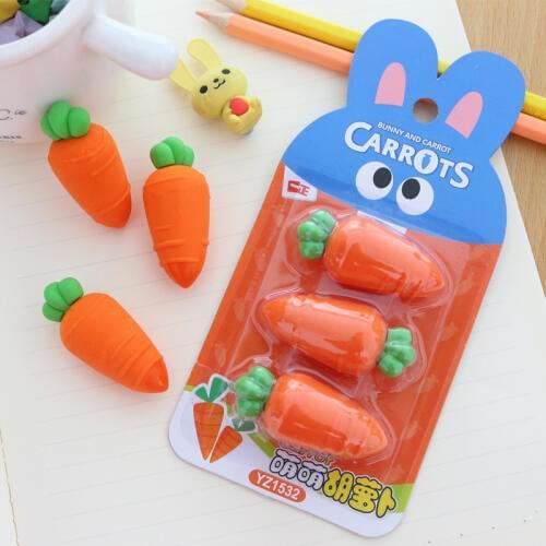 Free ship!1lot=12set! Creative small carrot eraser / cute cartoon eraser / children stationery / 3pc for 1 set