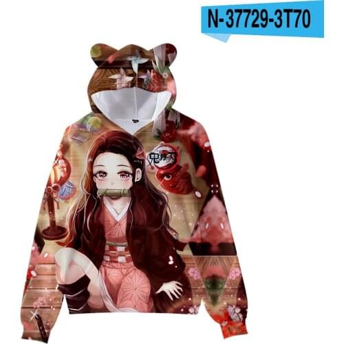 Kids Cosplay 3D Print Demon Slayer Men Hoodie Pullovers Boys/Girls Cute Cat Ears Sweatshirts Autumn Winter Dress Up Tracksu