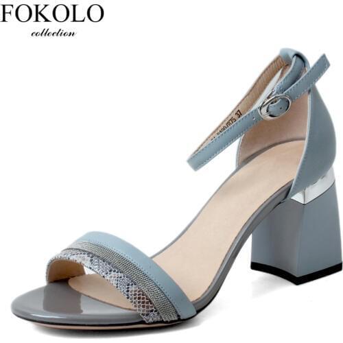 FOKOLO Sandals for Women New Blue Round Toe Sheepskin High Heels Summer Party Prom High Quality Handmade Sexy Ladies Shoes L6