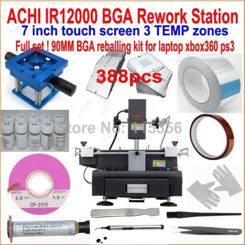 Hot sale ! ACHI IR12000 bga rework station 3 heat zones touch screen BGA soldering machine +388pcs 90mm bga stencils 21 gifts