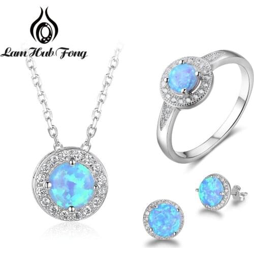 925 Sterling Silver Jewelry Sets Cubic Zirconia Blue Opal Pendant Necklace Earrings Ring Sets Wedding Jewelry (Lam Hub Fong)