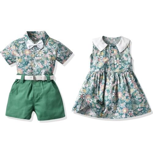 Tem Doger 2021 Casual Brother and Sister Toddler Matching Sets Boys Gentleman Suit+Princess Girls Dresses Children Clothing Set