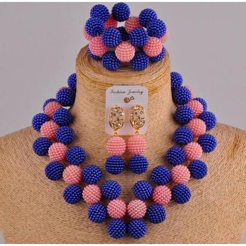 Royal blue and peach nigerian wedding african beads jewelry set simulated pearl FZZ109