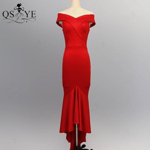 Red Mermaid Short Prom Dresses 2021 Elastic Evening Gown Off the Shoulder V neck Formal Gowns Short Simple Fish Tail Party Gown
