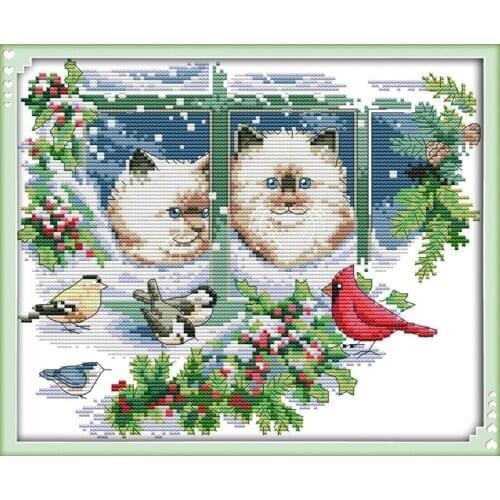 Four seasons cats(4)-Winter cross stitch kit 14ct 11ct pre stamped canvas cross stitching embroidery DIY handmade needlework