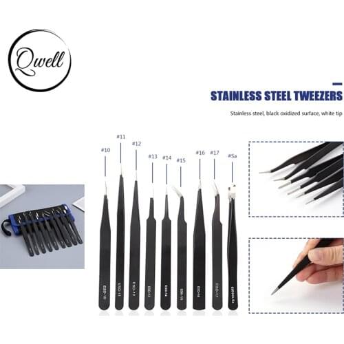 QWELL 9pcs/set Curved Fine-Tip Anti-static Tweezers Set Stainless Steel for Picking Up Electronics Repairing Hand Tools 2021
