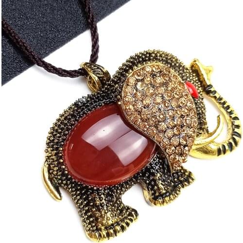 Natural Stone Agates Aventurine Charm Women Men Jewelry Pendant Necklace Mosaic 3D Elephant Leather Chain Bohemian New Necklaces