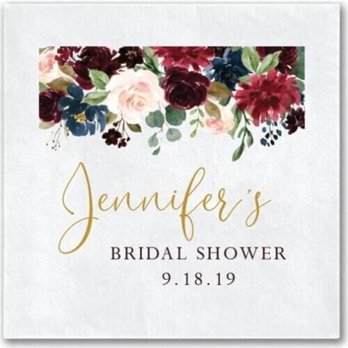 Personalized Wedding Napkins Fall Floral | Bridal Shower Napkins | Rehearsal Dinner | Full Color Napkin | Burgundy and Navy