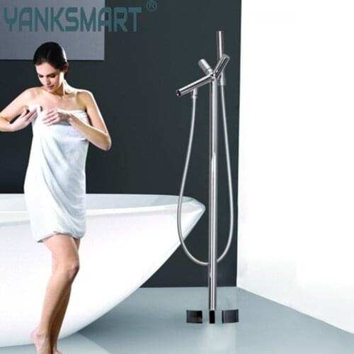 OUBONI Modern Luxury Tub Shower Mixer Tap Floor Mounted Bath Shower Faucet Chrome Brass Bath Basin Mixer Tap + Handheld Shower